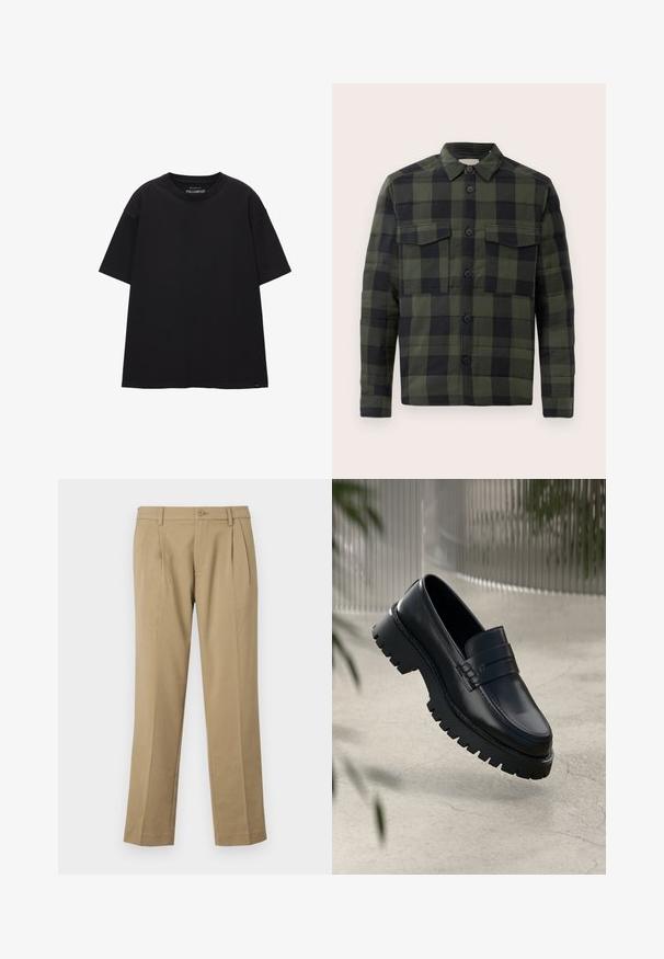 Groen en zwart geruite lange mouwen button-up shirt met twee borstzakken en een kraag, weergegeven tegen een effen achtergrond.; Zwart ontspannen T-shirt van katoen. Heeft een ronde hals, korte mouwen en een eenvoudig ontwerp zonder patronen of accenten.; Tan broeken gemaakt van een gladde stof, met twee voorplooien, een knoopsluiting en rechte pijpen met een nette zoom.; Zwarte leren instappers met een chunky loopzool, voorzien van een decoratieve band en stikseldetails. Gladde textuur met een gepolijste afwerking.