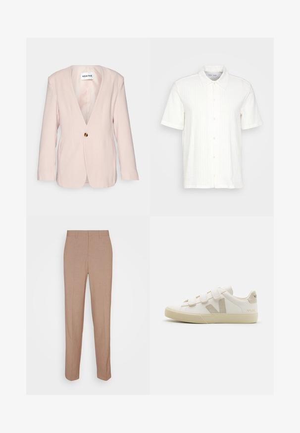 Svetloružový blazer s hlbokým V-výstrihom, jediným zlatým gombíkom a dlhými rukávmi. Má strih prispôsobený postave a jemnú textúru.; Biela košeľa s krátkymi rukávmi, textúrovaným vzorom, položkovým golierom a zapínaním na gombíky vpredu. Vyrobená z ľahkého materiálu.; Béžové nohavice na mieru zo hladkej, štruktúrovanej tkaniny. Rovný strih s pásom bez viditeľných ozdôb alebo vreciek.; Biele kožené tenisky s suchými zipsami, béžové akcenty, zaoblený špička, textúrovaná gumová podrážka a embosované logo. Minimalistický dizajn.