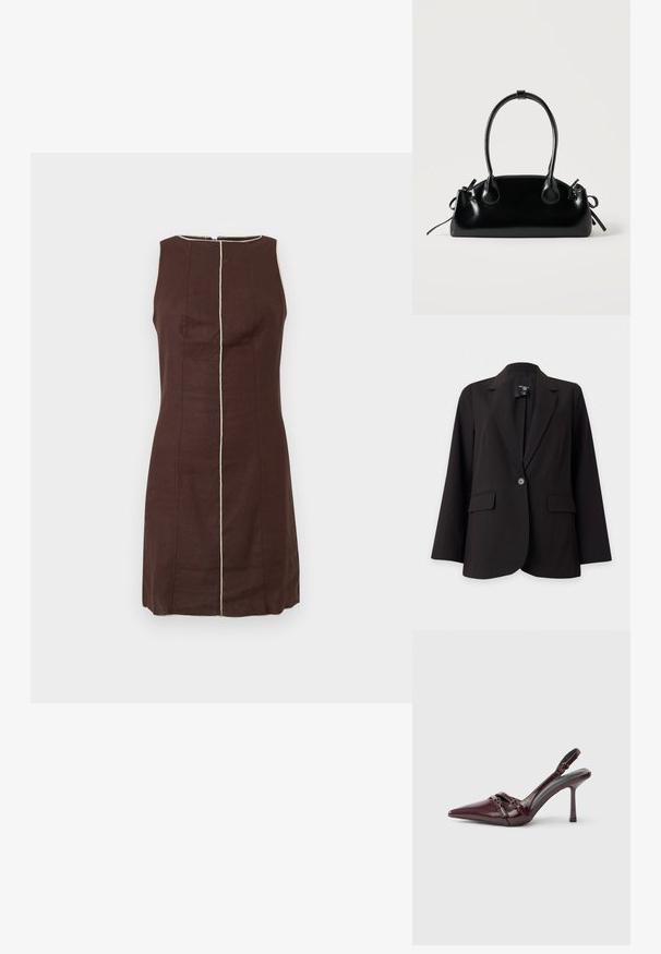 Blazer noir à bouton unique avec revers crantés, poches à rabat et manches longues sur fond blanc.; Robe marron foncé sans manches avec des détails de couture verticale beige au centre et autour de l'encolure ronde.; Escarpin slingback en cuir verni bordeaux avec bout pointu, fine bride à la cheville et petit détail décoratif de boucle. Texture lisse et talon haut.; Petit sac à main noir brillant avec deux longues anses et des détails à cordon sur les côtés sur un fond clair uni.