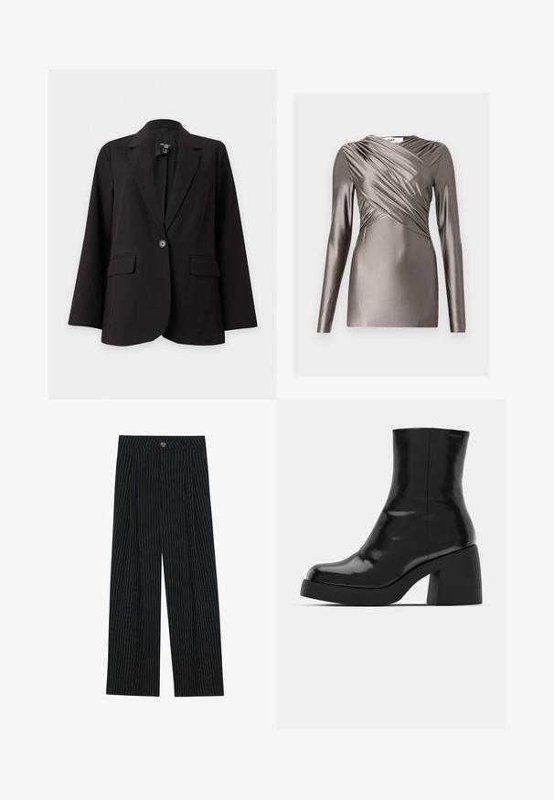 Blazer negro de un solo botón con solapas con muesca, bolsillos con solapa y mangas largas sobre fondo blanco.; Top de manga larga en tejido metalizado color topo, con un diseño drapeado en la parte delantera y detalles texturizados en las mangas. Silueta ajustada y suave.; Pantalones de pierna ancha a rayas negras, fabricados con una tela texturizada, que cuentan con un cierre frontal de botón y un diseño plisado para mayor interés.; Botas de tobillo negras con un acabado brillante, punta cuadrada y un tacón grueso en bloque. El diseño presenta una silueta sin costuras y un minimalismo en la marca.