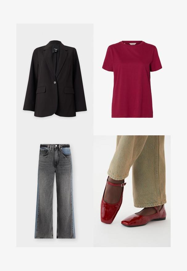 Zwarte blazer met één knoop, met notch-revers, klepzakken en lange mouwen op een witte achtergrond.; Effen donkerrood T-shirt met korte mouwen en ronde hals, getoond op een witte achtergrond.; Jeans met rechte pijpen met zwarte frontpanelen en blauwe zijpanelen, met voorzakken en een knoopsluiting.; Rode lakleren schoenen met een vierkante neus, lage hak en enkelbandje, gecombineerd met lichtgroene wijde jeans. Glad textuur, reflecterend oppervlak.