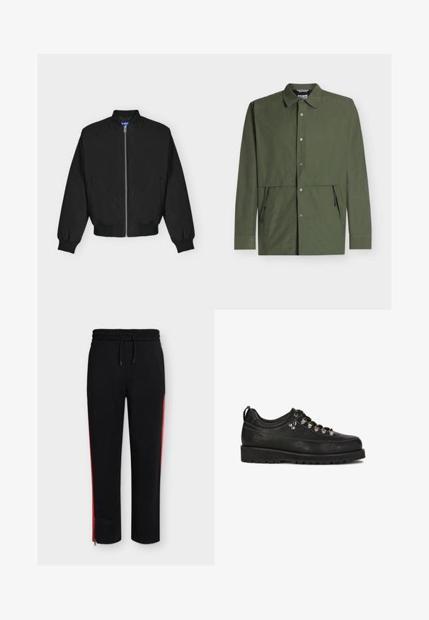 Schwarze Bomberjacke mit Reißverschluss, Rippkragen, Bündchen und Saum, flach auf hellem Hintergrund präsentiert.; Olivgrüne Langarmjacke mit Knopfleiste vorne, seitlichen Reißverschlusstaschen und klassischem Kragen, dargestellt auf weißem Hintergrund.; Schwarze Hosen mit elastischem Bund, roten Seitenstreifen und Reißverschlüssen an den Knöcheln, Kordelzug, gerader Beinverlauf.; Kazar Studio KS BLAISE - Sportlicher Schnürer - black