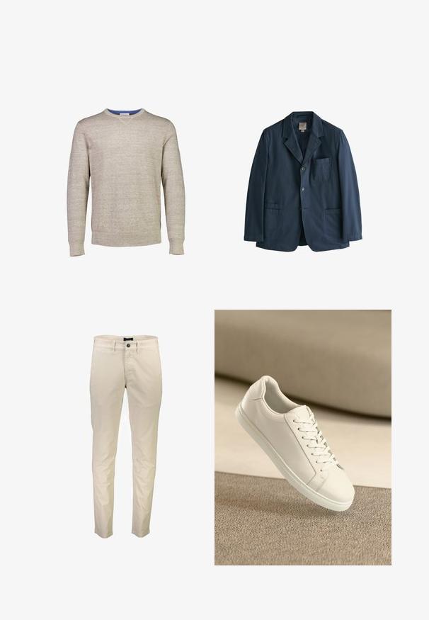 Blazer azul marino de un solo botón con solapas de muesca, dos bolsillos inferiores de parche, un bolsillo en el pecho y dos botones en el frente.; Suéter beige claro hecho de tela de punto texturizada. Presenta un cuello redondo con un acento azul en el interior del cuello. Mangas largas.; Pantalones de algodón beige con corte recto, con cierre de botón, cinco bolsillos y una textura suave. Sin patrones ni acentos visibles.; Zapatilla de cuero blanca con cordones blancos, exhibida sobre una superficie texturizada beige y un suave fondo desenfocado.