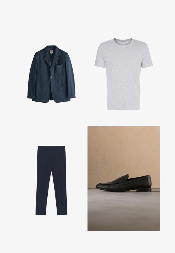 Blazer azul marino de un solo botón con solapas de muesca, dos bolsillos inferiores de parche, un bolsillo en el pecho y dos botones en el frente.; Camiseta de algodón gris con cuello redondo, mangas cortas y un diseño liso, que presenta una textura suave y lisa, sin patrones ni adornos visibles.; Pantalones formales azul marino con un diseño entallado, textura suave y dos bolsillos delanteros, con líneas limpias y un corte recto.; Zapato mocasín de cuero negro flotando sobre una alfombra beige con un sofá beige en un ambiente interior minimalista.