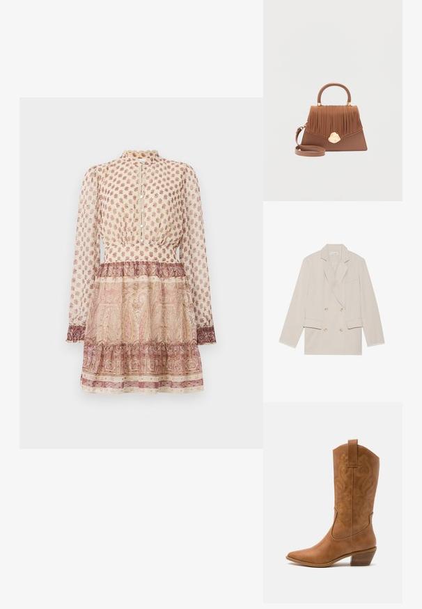 Beige kaksirivinen bleiseri, jossa on viisto kaulus, kaksi etutaskua ja valkoiset ompeleet hihoissa. Sileä kangas.; Beige pitkähihaisten mekko, jossa on ruskeat kukka- ja paisleykuviot, napitettu etuosa, korkea kaulus, vyötäröä korostava malli ja kerroksellinen hame.; Ruskean nahkainen cowboy-saapas, jossa on terävä kärki, brodeeratut pyörteiset kuviot varressa ja kerroslohko korko. Varustettu nostonipulla helpottamaan pukemista.; Ruskea nahkalaukku, jossa on laskostettu läppä, kultainen lukko, pyöreä yläkahva ja irrotettava olkahihna valkoisella taustalla.