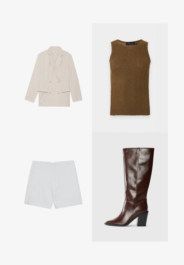 Beige dobbeltradet blazer med skåret krave, to forlommer og hvide stikninger på ærmerne. Glat stoftekstur.; Ærmeløs, ribstrikket brun top med glimmereffekt og rund halsudskæring, designet til kvinder.; Hvide shorts med et skræddersyet design, flad front, to sidelommer og en ren kant. Fremstillet af et glat stof uden synlige mønstre.; Høj, mørkebrun læderstøvle med spids tå og stablet blokhæl, vist fra siden på en ensfarvet baggrund.