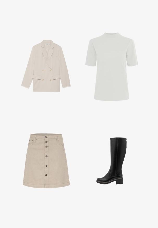 Blazer beige croisé avec un col cranté, deux poches avant et des détails de couture blanche sur les poignets. Texture de tissu lisse.; ICHI IHRANIA SHORT SLEEVE - T-shirt basique - cloud dancer; Jupe en denim rayée beige avec une forme évasée, dotée d'une fermeture à boutons à l'avant, de deux poches latérales et de détails de couture subtils.; Marco Tozzi Bottes à plateau - black