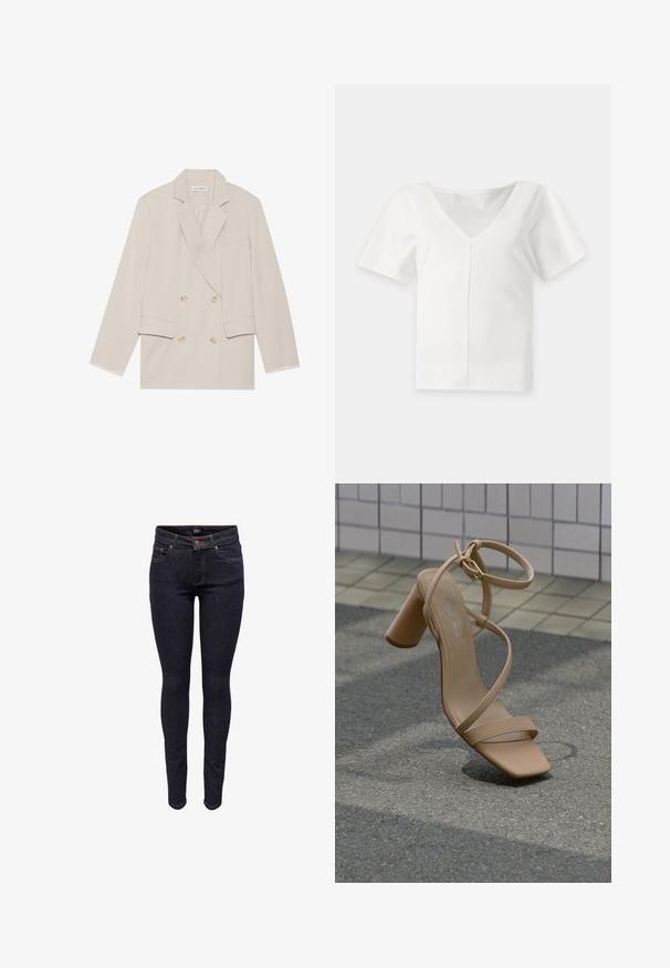 Beige dobbeltradet blazer med skåret krave, to forlommer og hvide stikninger på ærmerne. Glat stoftekstur.; Hvid bluse med korte ærmer, dyb V-hals og en central lodret søm foran, vist på en ensfarvet baggrund.; Mørkeblå slim-fit denimjeans med frontknap og lommer, synlige syninger og mærket båndetiket i taljen.; Beige sandal med stropper og høj blokhæl, svævende over asfalt ved en baggrund af flisebelagt væg.