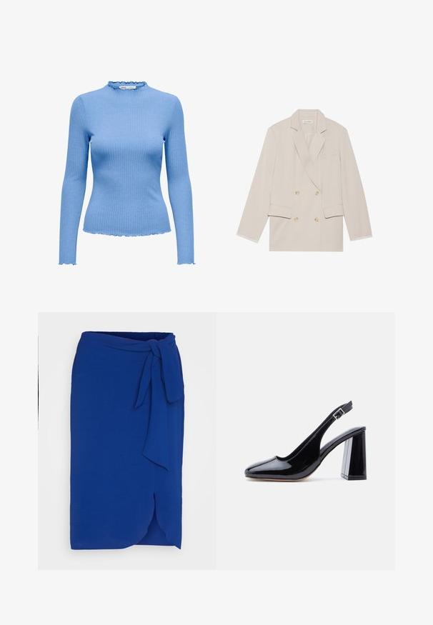 Beige dobbeltradet blazer med skåret krave, to forlommer og hvide stikninger på ærmerne. Glat stoftekstur.; Lyseblå ribstrikket bluse med lange ærmer og skråkanter på krave, manchetter og kant, der fremhæver en tætsiddende silhuet.; Blå indpakningskjole lavet af letvægtsstof, med en bindelukning i taljen, en asymmetrisk bundkant og en glat tekstur.; Sort laklæder slingback-sko med rundet tå, justerbar rem med spænde og kraftig blokhæl på hvid baggrund.