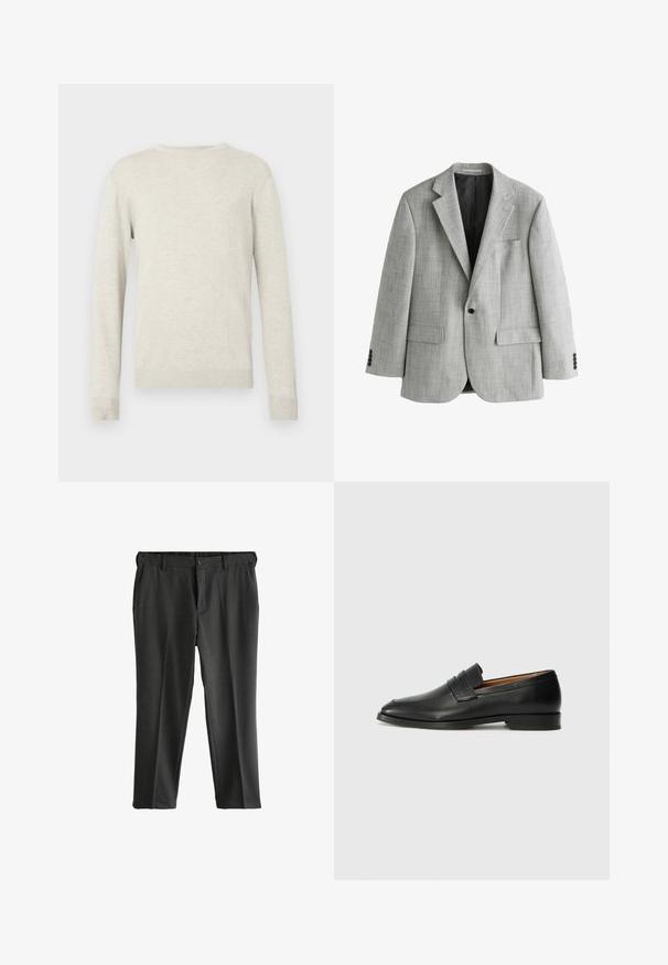Lichtgrijze herenblazer met ingesneden revers, enkele zwarte knoopsluiting, klepzakken en zwarte voering.; Beige trui met lange mouwen en ronde hals, voorzien van ribbels aan de mouwen en onderkant, gepresenteerd tegen een eenvoudige witte achtergrond.; Grijze op maat gemaakte broek met een flat front, twee zijzakken en een knoopsluiting. Gladde stof met een subtiele textuur en persplooien.; Zwarte leren instapper met een ronde neus, subtiele stikdetails en een lage hak, met een gladde textuur en een minimalistisch ontwerp.