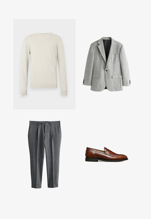 Lichtgrijze herenblazer met ingesneden revers, enkele zwarte knoopsluiting, klepzakken en zwarte voering.; Beige trui met lange mouwen en ronde hals, voorzien van ribbels aan de mouwen en onderkant, gepresenteerd tegen een eenvoudige witte achtergrond.; Grijze op maat gemaakte herenkostuumbroek met knoop- en ritssluiting aan de voorkant, zijzakken en een rechte broekspijp.; Bruine leren instappers met een ronde neus, een gladde textuur, minimale stiksels en een lage gestapelde hak, met een subtiel, elegant ontwerp.