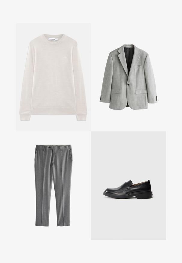 Lysegrå herreblazer med hakkede reverser, enkelt sort knaplukning, klaplommer og sort inderfor.; Lys beige langærmet crewneck sweater med ribbede manchetter og kant, subtilt logo på venstre bryst og J.Lindeberg-label indeni kraven.; Grå formelle bukser med bæltestropper, frontknaplukning og sidelommer, vist fladt på hvid baggrund.; Sorte læder slip-on dress sko med lav hæl og subtil Calvin Klein logo på siden, vist i profil på en hvid baggrund.