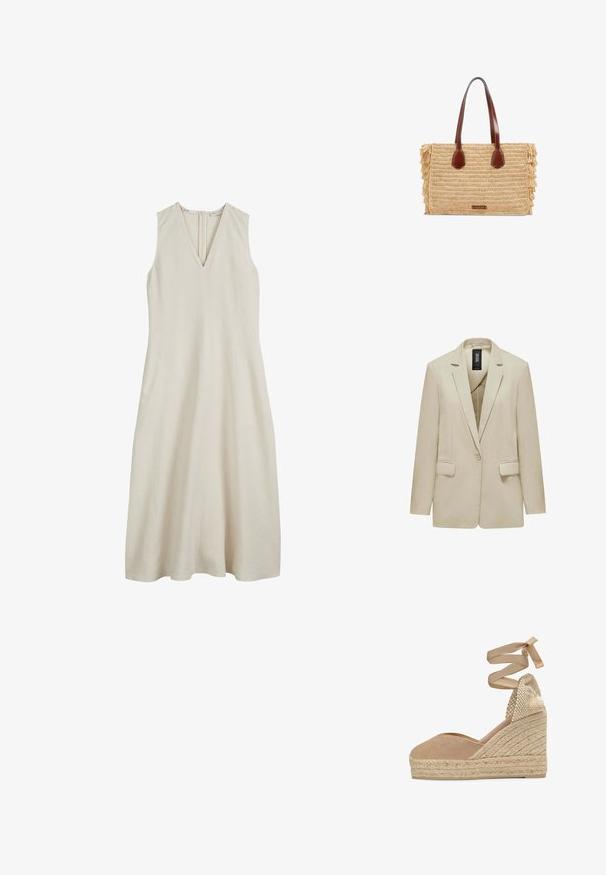Beige damesblazer met één knoop, schuine revers, lange mouwen, twee voorflapzakken en een zwart binnenlabel.; Mouwloze beige jurk met een V-hals, gemaakt van lichte linnen. Bevat een rits aan de achterkant en heeft een ontspannen, vloeiende silhout. ; Beige canvas sleehak espadrille met gevlochten juten platform en enkelriempjes, met een geweven hielkap.; Rechthoekige geweven strohandtas met bruine leren handvatten en franjes aan de zijkanten, met een klein voorlabel.