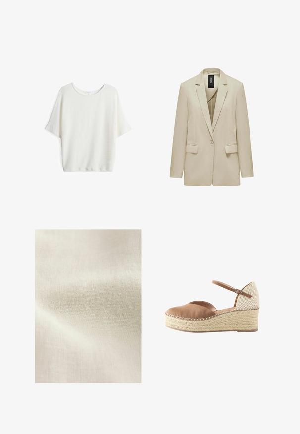 Beige damesblazer met één knoop, schuine revers, lange mouwen, twee voorflapzakken en een zwart binnenlabel.; Witte top met korte mouwen en een ronde hals, gemaakt van een gestructureerde, geweven stof en met een losse pasvorm, geschikt voor casual kleding.; Lichtbeige gemêleerde stof met een geweven patroon, die subtiele variaties in kleur en oppervlakte details toont. Over het algemeen een zachte, gladde textuur.; Espadrille met sleehak, voorzijde van tan suède, achterzijde geweven beige, enkelbandje met gesp en gevlochten jute plateauzool.