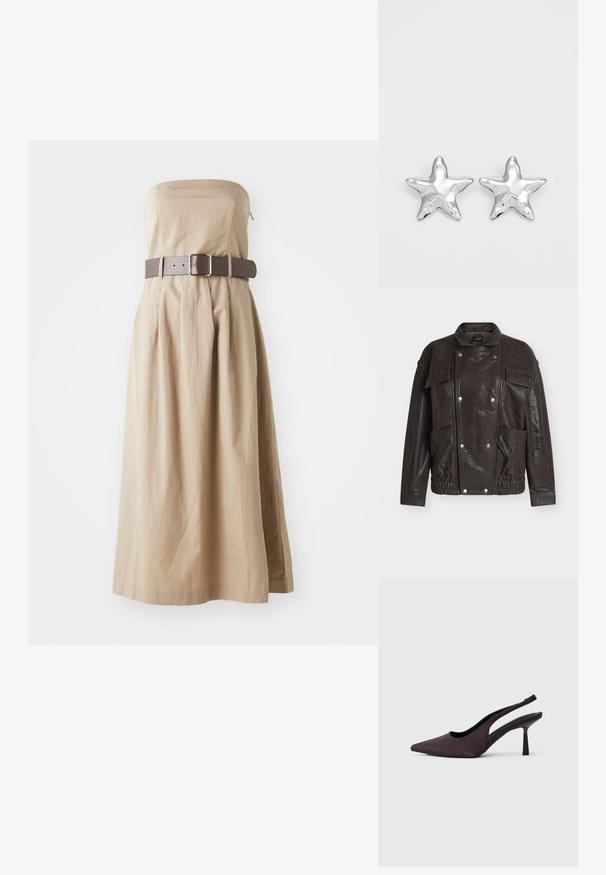 Brun jakke i imiteret læder med høj krave, forlommer, gulddetaljer og en struktureret overflade. Inkluderer et design med indsnøret talje.; Strapless beige maxi kjole med tætsiddende liv, samlet skirt og bred brun bælte med firkantet spænde. Lavet af letvægtigt stof.; Slingback sko med hæl i mørk lilla stof. Spids tå-design, åbne sider og en slank, firkantet hæl. Glat tekstur.; Sølvstjernede øreringe med en poleret, blank overflade. Hver ørering har fem spidser og subtile teksturdetaljer på overfladen.