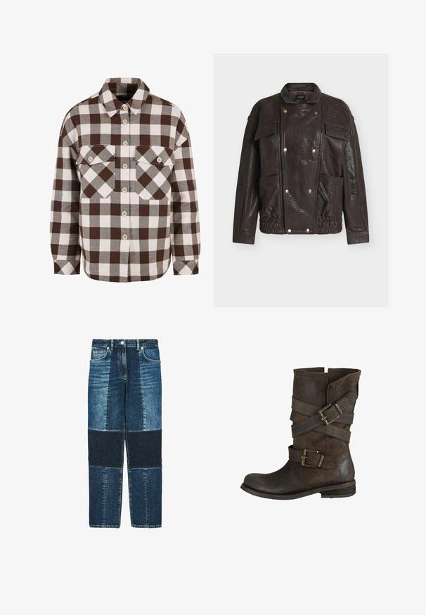 Brun jakke i imiteret læder med høj krave, forlommer, gulddetaljer og en struktureret overflade. Inkluderer et design med indsnøret talje.; Brun og hvid plaid knap-op skjorte med to brystlommer, der har en klassisk krave og knap-ned foran. Blød stofstruktur.; Jeans med lige ben og patchwork-design med tre nuancer af blå denim samt forlommer med knap- og lynlåslukning.; Brune læder ankelstøvle med flad hæl. Har flere spændte stropper og slidte tekstur. Rund tå og let løs design.