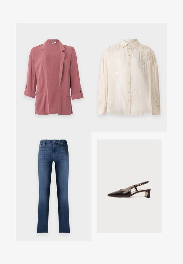 Staubrosafarbener Blazer mit offenem Vorderteil, Reverskragen, hochgekrempelten 3/4-Ärmeln mit Knopflaschen und zwei aufgesetzten Fronttaschen.; Beige Bluse mit langen Ärmeln und Knopfleiste, versehen mit weißen Blumenstickereien und gerafften Schulterdetails. Glatte Stofftextur.; Dunkelblaue Denim-Jeans mit geradem Schnitt, klassischem Fünf-Taschen-Design, vorderer Knopfverschluss und dezenter Ausbleichung für einen getragenen Effekt.; Brauner Slingback-Schuh mit spitzer Kappe, niedrigem Blockabsatz, Krokodilmuster, seitlichem Ausschnitt und verstellbarem Schnallenriemen, abgebildet auf weißem Hintergrund.