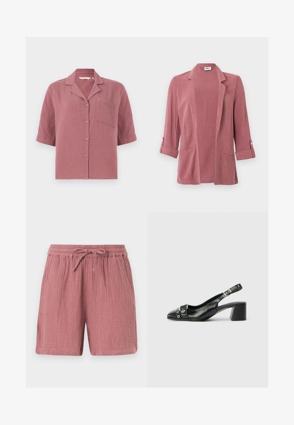Blazer rose poussière à ouverture frontale, col à revers cranté, manches 3/4 retroussées avec pattes boutonnées, et deux poches plaquées à l'avant.; Chemise à manches courtes couleur rose poussiéreux avec col et une poche poitrine unique, fabriquée en tissu texturé.; Shorts en tissu texturé de couleur mauve avec une ceinture élastique et un cordon de serrage, dotés de poches latérales.; Sandale à talon en cuir noir avec un bout pointu, une sangle texturée ornée d'accents métalliques circulaires et un talon empilé.