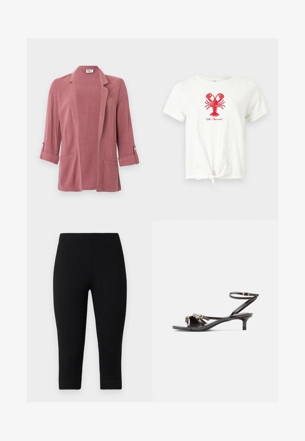 Dusty rose open-front blazer with notch lapels, rolled 3/4 sleeves with button tabs, and two front patch pockets.; White short-sleeve T-shirt with front knot, red sequined lobster graphic, and "Feelin' Claw-some!" text below the lobster.; Black capri leggings made of stretchy material, featuring a snug fit and smooth texture, with no prominent patterns or accents.; Black patent leather sandal with thin straps, small kitten heel, and adjustable ankle buckle fastening.