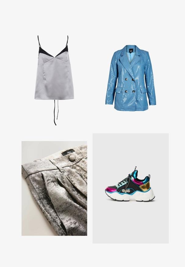 Blauw dubbelgekeerd colbert met glanzend vierkant patroon, reverskraag, knoopsluiting en klepzakken, getoond op een witte achtergrond.; Satijnen topje in lichtgrijs met zwarte accenten en dunne bandjes. Heeft een V-halslijn, een soepele textuur en een ontspannen pasvorm.; Grijze metalen stof broek met een geplooid ontwerp, voorzien van een tailleband en een knoopsluiting. Gladde textuur met een reflecterende glans.; Stevige sneaker met zwart textiel, metallic roze, blauwe en gouden panelen, witte zool, zwarte veters en een zilveren ketting met een "Buffalo"-label.