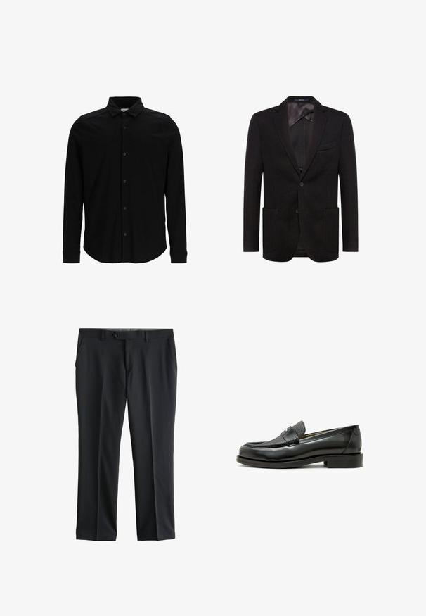Schwarzes Blazer aus einem strukturierten Stoff, mit einem Ein-Knopf-Verschluss, zwei vorderen Taschen, Reverskragen und einem glatten Innenfutter.; Schwarzes Langarmhemd aus glattem Stoff, mit einer durchgehenden Knopfleiste, Kragen und dezentem besticktem Logo auf der Brust.; Schwarze formelle Hose mit Frontknopf, Gürtelschlaufen, Seitentaschen und flachem Vorderteil.; Schwarzer Lederloafer mit strukturiertem schwarzen Lederakzent, abgerundeter Zehenform und niedrigem Blockabsatz; verfügt über ein dekoratives metallisches Detail.