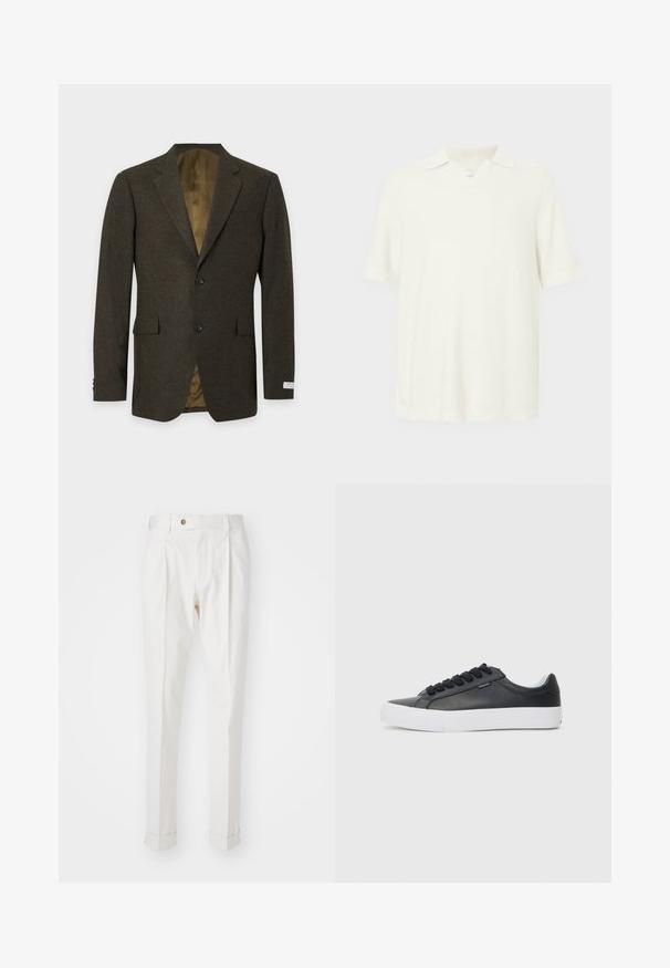 Donkergroene herenblazer met twee knopen aan de voorkant, ingezette revers, klepzakken en een lichtbruine voering op een witte achtergrond.; Korte mouwen polo-shirt, licht crèmekleurig, gemaakt van textuurstof, met een v-hals en een klassiek kraagontwerp.; Witte, op maat gemaakte broeken met een platte voorkant, twee plooien en omgeslagen pijpen. Gemaakt van een gladde stof met een knoopsluiting in de taille.; Zwarte leren sneaker met een witte rubberen zool, ronde neus en zwarte veters, met een gladde textuur en een minimalistisch ontwerp.