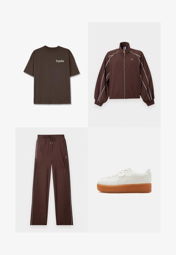 Veste de survêtement Puma marron avec passepoil blanc le long des manches, fermeture éclair intégrale à l'avant, poignets et ourlet élastiques, et petit logo Puma doré sur la poitrine.; T-shirt en coton marron avec un col rond, des manches courtes et un petit logo blanc "Pegador" sur la poitrine. Texture lisse, coupe décontractée.; Pantalon de survêtement marron avec taille élastique, cordon de serrage, poches latérales, bandes blanches sur les côtés, et petit logo Puma sur la cuisse droite.; Baskets basses blanches avec semelle épaisse en caoutchouc marron, détail coutures sur les côtés et fermeture à lacets avec petite bride en Velcro.
