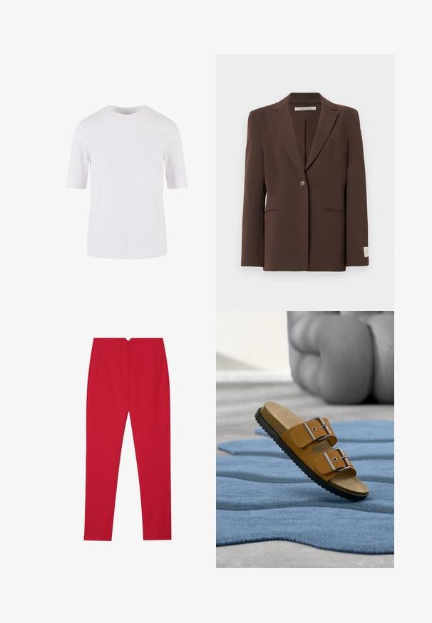 Blazer marrón ajustado con un único botón, solapas muescadas, dos bolsillos frontales con abertura y una etiqueta blanca en el puño de la manga izquierda.; Camiseta blanca de mangas cortas hecha de algodón suave. Presenta un escote redondo y un corte recto, sin patrones ni adornos.; Pantalones ajustados rojos con un acabado texturizado, que cuentan con bolsillos frontales y un diseño de pierna recta. La cintura tiene un corte en forma de V en la parte trasera.; Sandalia tipo slide de ante marrón con dos hebillas plateadas ajustables, plantilla de corcho y suela de goma negra, colocada sobre una alfombra azul texturizada.