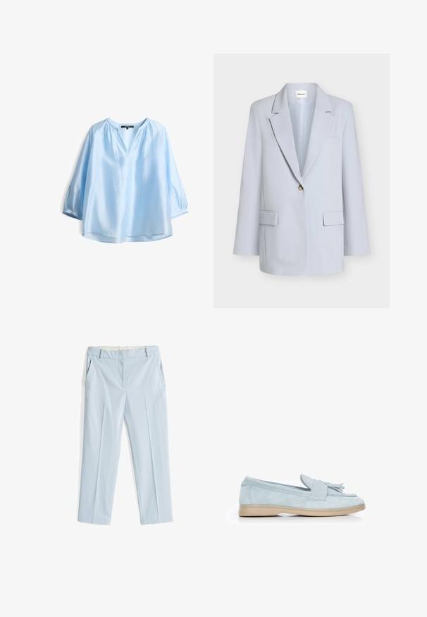 Lichtgrijze blazer met één knoop, notch-revers, twee klepzakken aan de voorkant en een borstzak, weergegeven op een effen achtergrond.; Lichtblauwe, losse bloes met een V-hals, driekwart mouwen en een zachte, gladde textuur. Heeft plooidetails bij de schouders.; Lichtblauwe op maat gemaakte broek met een gladde structuur, voorzien van twee zijzakken, een ritssluiting en voorplooien voor een gestructureerde uitstraling.; Lichtblauwe suède moccasinstijl schoen met een vlakke tan zool en franjes aan de voorkant. Beschikt over een gladde textuur en een casual ontwerp.