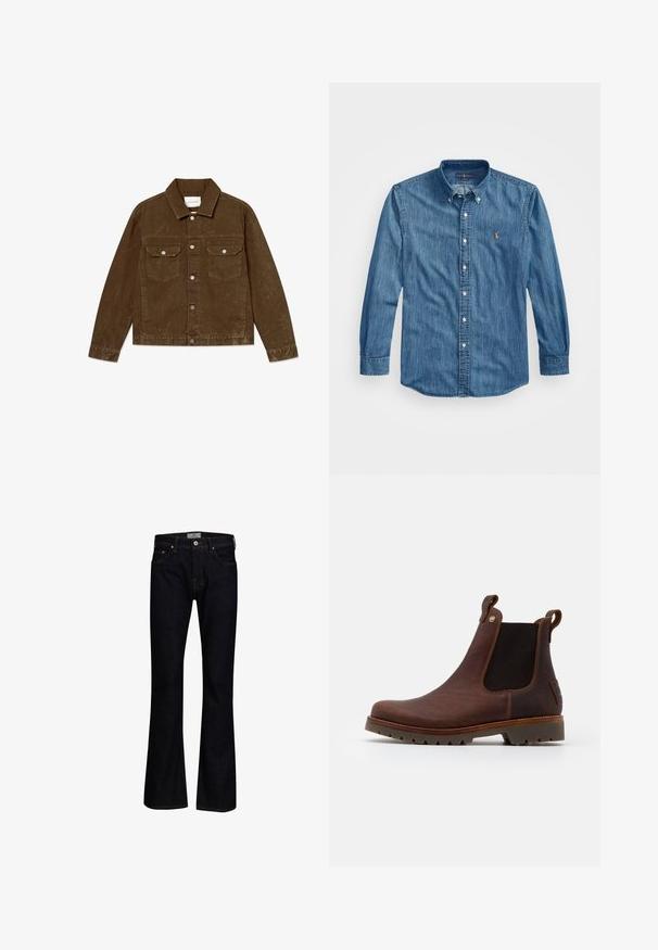 Brun denimjakke med spids krave, forlommer med klapper, metal knapper og en struktureret overflade.; Button-up denimskjorte i middelblå med spids krave, lange ærmer og et lille broderet logo på brystet. Blød tekstur.; Mørkeblå bukseskær med flared fit lavet af denim med en glat tekstur. Har fem lommer, messingbeslag og kontrastsygning.; Brune læder Chelsea støvle med elastiske sider, rund tå, trækstrop og struktureret gummisål, prydet med syninger og et logo.