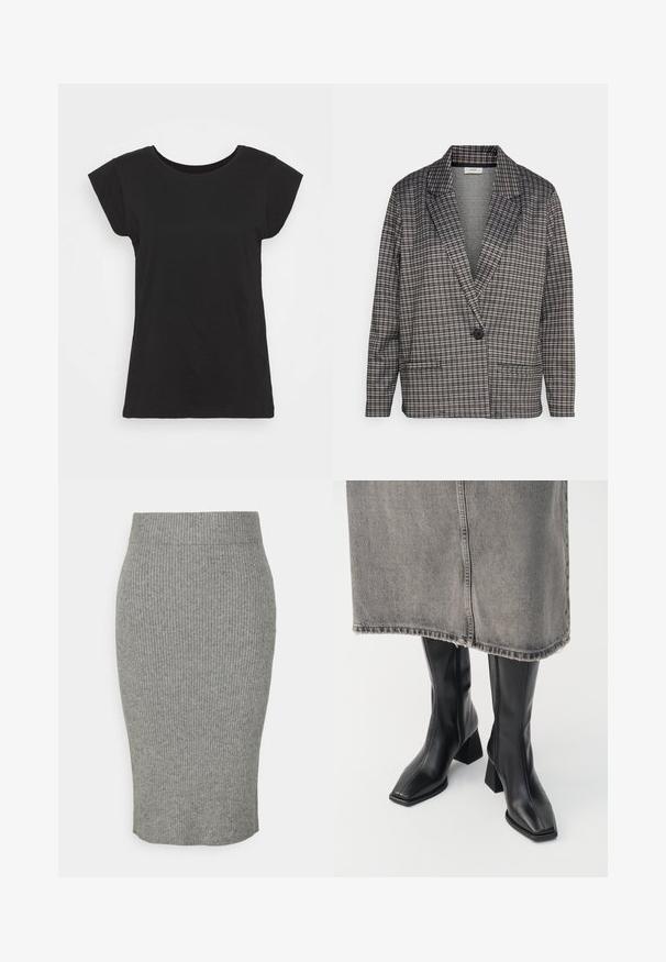 JDY Petite JDYGEGGO HUGH - Blazer - black; Svart bomull t-skjorte med korte ermer, rund hals og avslappet passform. Glatt tekstur uten synlige mønstre eller aksenter.; Grå ribbestrikket blyantskjørt med en tettsittende silhuett, utstyrt med elastisk midje og en myk tekstur. Midilengdes design.; Sorte knelengde støvler i glatt skinn med firkantet tå og blokk hæl. Brukt sammen med et grått denim skjørt med frynset kant.