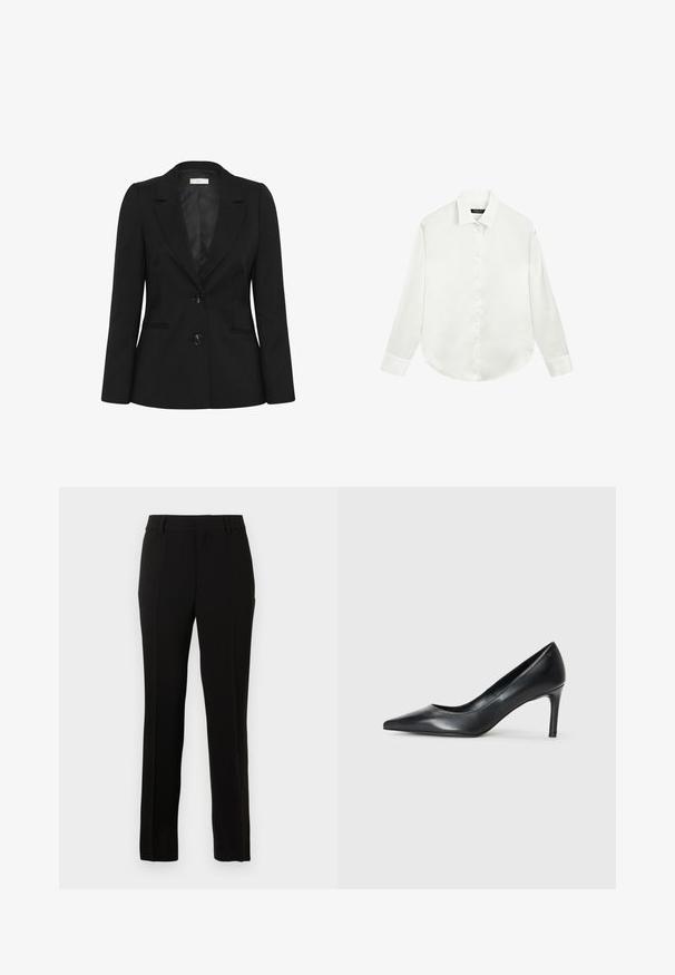 Schwarzer maßgeschneiderter Blazer mit zwei vorderen Knöpfen, Revers mit Kerbe, langen Ärmeln und zwei seitlichen Schlitztaschen, dargestellt auf weißem Hintergrund.; Weißes Hemd mit langen Ärmeln, Kragen und Manschetten, flach ausgebreitet mit zugeknöpften Knöpfen in der vorderen Mitte.; Schwarze maßgeschneiderte Hose aus glattem Stoff, mit geradem Schnitt, Bügelfalten, Gürtelschlaufen und einem Reißverschluss zum Schließen.; Schwarze Leder-Pumps mit spitzem Zehenbereich und schmalem Absatz, glatter Textur und ohne sichtbare Verzierungen. Sauberes Design mit minimalistischem Ästhetik.