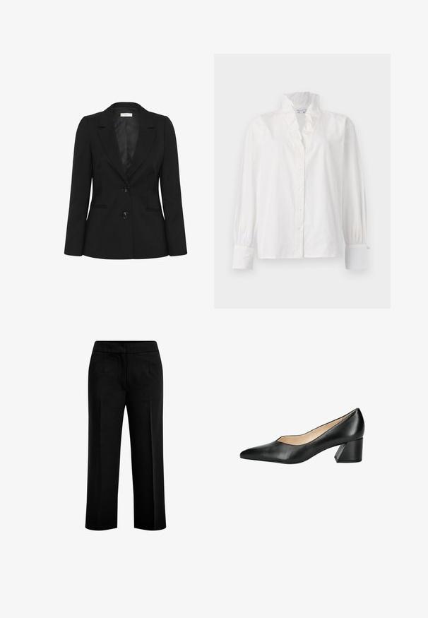 Sort skræddersyet blazer med to frontknapper, revers med hakket krave, lange ærmer og to sidelommer med slidser, vist på hvid baggrund.; Hvid bomuldsbluse med en flæsekrave, lange puffede ærmer og en knaplukning fortil med perleagtige knapper.; Sorte, brede bukser lavet af et glat stof med to forlommer og en flad talje. Skræddersyet design med en ren silhuet.; Högl Pumps - schwarz