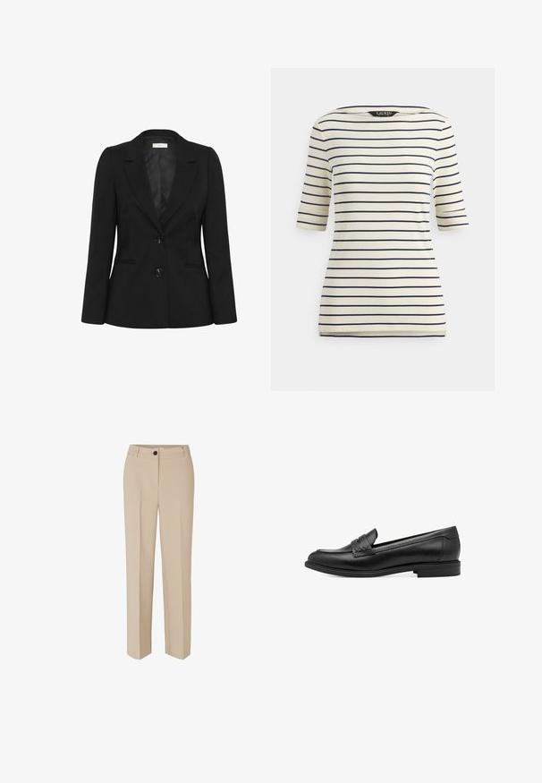 Blazer negro a medida con dos botones delanteros, solapa con muesca, mangas largas y dos bolsillos laterales con aberturas, presentado sobre fondo blanco.; Camiseta de rayas en crema y azul marino, con mangas tres cuartos, escote barco y pequeñas aberturas laterales en el dobladillo.; Modström GALE - Pantalones - powder sand; Mocasines de piel negra con una textura suave, que presentan un detalle trenzado en la parte superior y un tacón bajo y redondeado. Diseño y forma simples.