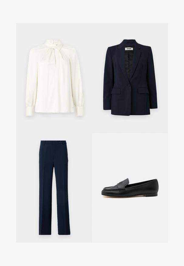Blazer marine en tissu ajusté. Caractéristiques : revers cranté, fermeture à un bouton, deux poches avant et un intérieur lisse et doublé.; Blouse à manches longues et col haut en crème, fabriquée en tissu lisse. Présente un détail froncé au niveau du col et des manches bouffantes.; Pantalons bleu marine en tissu lisse, présentant un design à jambe droite avec des plis avant et des poches latérales pour une allure soignée.; Mocassin en cuir noir avec un petit talon, des détails cousus et un petit accent métallique sur la tige supérieure.