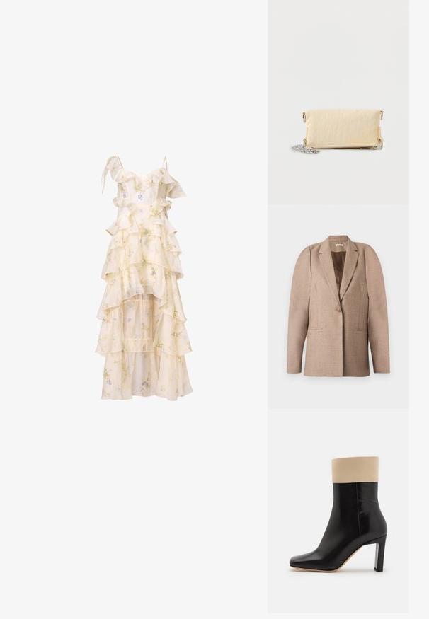 Beiger Blazer aus strukturiertem Stoff, mit einem Knopfverschluss, Reverskragen und zwei Vordertaschen. Strukturierter Schulterbereich.; Blumendruckkleid mit geschichteten Rüschen, Spaghettiträgern und einem hohen-tiefen Saum. Hergestellt aus leichtem, fließendem Stoff in sanftem Creme und pastellfarbenen Tönen.; Schwarze Lederknöchelstiefel mit cremefarbenem Akzent oben, spitzer Zehenpartie und einem hohen, silberbetonten Absatz. Glatte Textur ohne sichtbare Muster.; Beige rechteckige Clutch mit weicher Textur, Reißverschluss aus Metall und einer silbernen Kette als Träger, die neben ihr auf weißem Hintergrund aufgewickelt liegt.