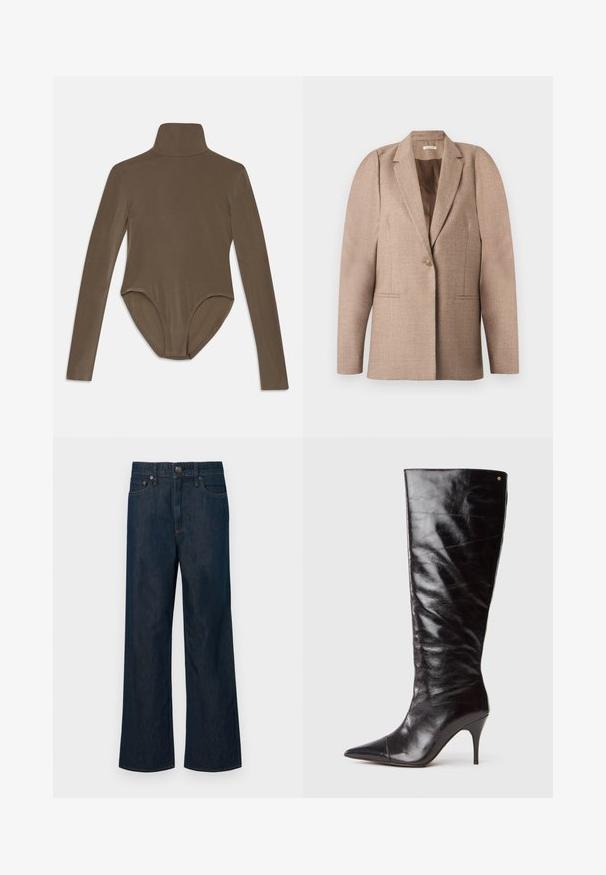 Beige blazer van gestructureerde stof, met een enkele knoopsluiting, een reverskraag en twee voorzakken. Gestructureerd schouderontwerp.; Langsleeve rompertje in donkerbruin stof, met een hoge kraag, een gladde textuur en een scoop back ontwerp met een aansluitende pasvorm.; Donkerblauwe denim wijde broek met een knoopsluiting, vijf zakken en contrasterende oranje stiksels. Gladde textuur, klassiek ontwerp.; Hoge zwarte leren laars met hoge hak en spitse neus, met lichte kreukels op de schacht, weergegeven in profiel op een witte achtergrond.