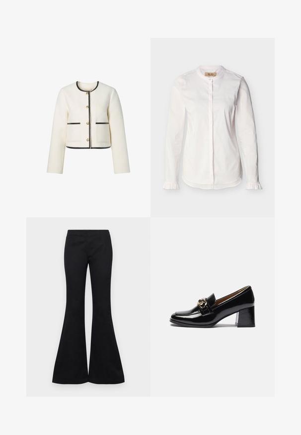 Veste courte blanche en tissu doux, avec des bordures noires, des boutons dorés, un col rond et deux poches avant.; Blouse blanche à manches longues avec col mao, patte de boutonnage dissimulée, fines rayures verticales et poignets à volants, présentée sur un fond uni.; Pantalons évasés noirs en tissu lisse, dotés d'un haut ajusté et de jambes larges, sans ornements visibles ni poches.; Mocassins à talons en cuir verni noir avec un bout arrondi, un talon plus épais et un accent en métal doré sur la sangle avant.