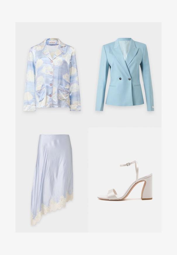 Lichtblauwe getailleerde blazer met dubbele knoopsluiting, notch-revers, lange mouwen en twee voorzakken met bies op een witte achtergrond.; Zijde pyjamashirt in lichtblauw met wolkenpatronen, met een notch-kraag, vijf knopen en twee voorzakken met lichtroze rand.; Lichtblauwe asymmetrische rok met crème kanten rand langs de schuine zoom, weergegeven op een effen grijze achtergrond.; Witte sandalen met hakken, satijnen afwerking, open teen en dunne enkelband. Bevat een blokhak en dubbele voorkantbanden voor ondersteuning.
