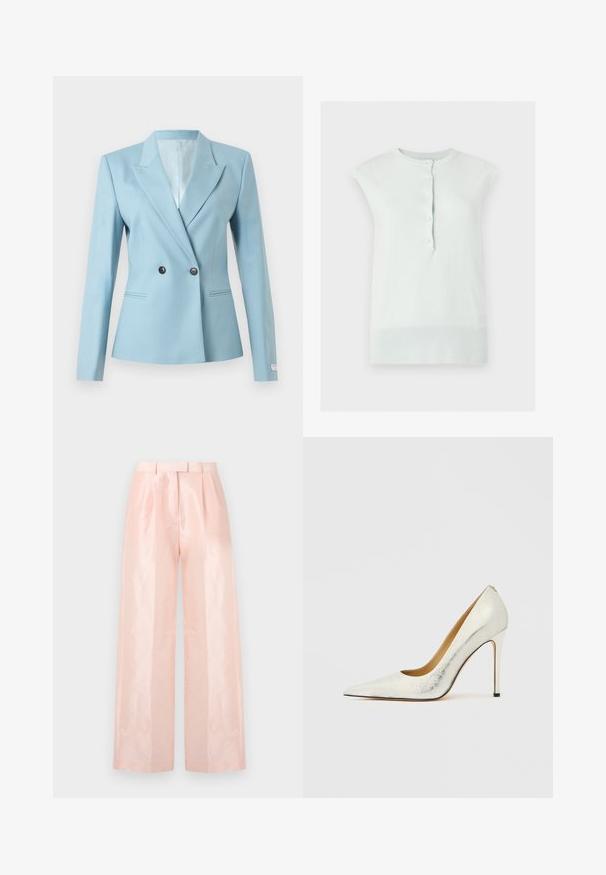 Blazer azul claro entallado con cierre de doble botón, solapas con muesca, mangas largas y dos bolsillos frontales de ojal sobre fondo blanco.; Top de punto blanco sin mangas con cuello y bajo acanalados, con una tapeta frontal con cinco botones.; Pantalones de pierna ancha de talle alto en rosa claro, con una textura lisa y brillante, plisados en la parte frontal y un cinturón a juego.; Zapato de tacón alto de cuero blanco con punta afilada y acabado texturizado. Cuenta con un tacón de aguja delgado y un forro interior suave.