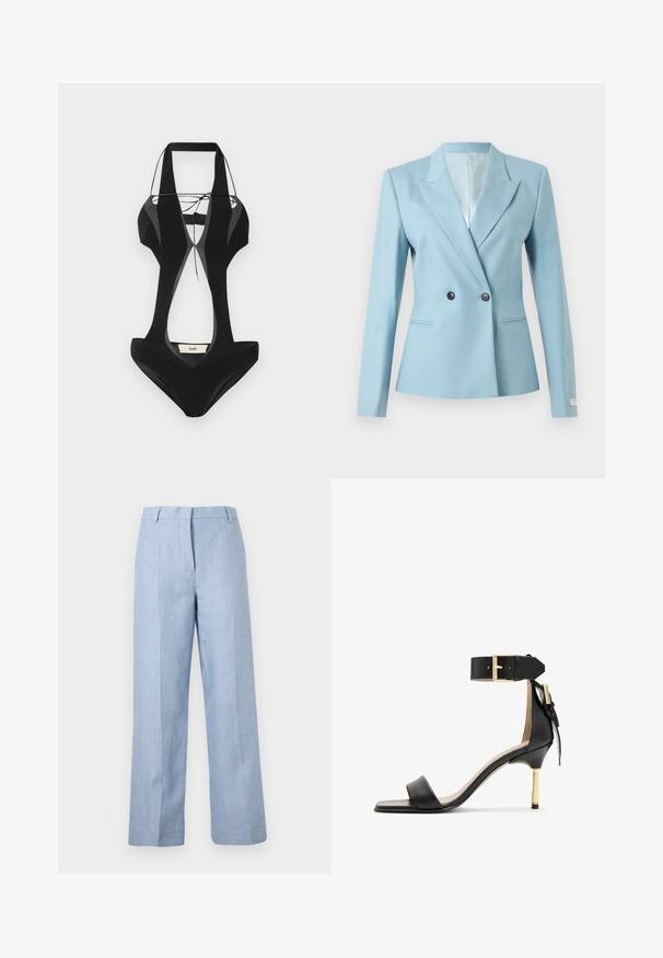 Blazer bleu clair ajusté avec fermeture à double bouton, revers crantés, manches longues et deux poches passepoilées devant sur fond blanc.; Maillot de bain noir avec des découpes sur les côtés, des bretelles larges et un décolleté en V. Fabriqué en tissu lisse, il présente une étiquette de marque au dos.; Pantalon bleu clair à jambes larges avec taille haute, passants pour ceinture et détails de plis avant sur un fond uni.; Sandale à talon en cuir noir avec un bout carré, une bride de cheville dotée d'une boucle en or et un talon métallique fin. Texture lisse, design minimaliste.
