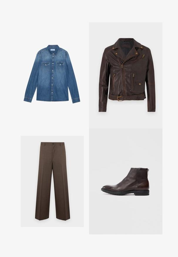Mørkebrun læderbikerjakke med flere lynlåslommer, trykknapper, asymmetrisk lynlåslukning og et taljebælte med spænde.; Mørkeblå denimskjorte med lange ærmer, klassisk krave, knaplukning fortil, to brystlommer og kontrasterende stiklinger på sømmene.; Brune skræddersyede bukser med brede ben, bæltestropper og knaplukning, vist fladt på en hvid baggrund.; Mørkebrune læder ankelstøvler med lynlås i siden, sort sål med mønster og lav hæl, vist i profil mod hvid baggrund.