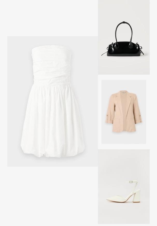 Blazer beige pour femme avec manches trois-quarts, ouverture devant, revers encastrés, pattes de manches boutonnées et deux poches passepoilées à l'avant.; Robe blanche sans bretelles avec un buste froncé et une jupe plissée, présentant une texture lisse et un ourlet bouffant court.; Sandale blanche à talon avec un bout pointu, sangle de cheville réglable et un talon carré épais. Texture lisse avec des détails de couture minimaux.; Petit sac à main noir brillant avec deux longues anses et des détails à cordon sur les côtés sur un fond clair uni.
