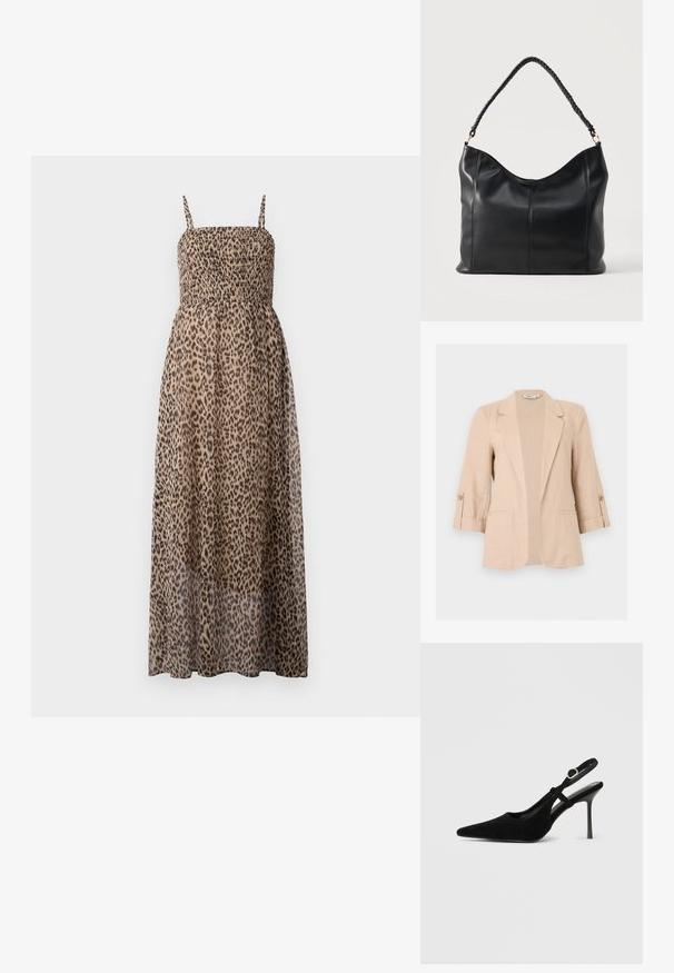 Beige dameblazer med trekvartærmer, åben front, notch-lapel, knaplommer på ærmerne og to forlommer med kant.; Maxi kjole i leopardprint med smocket bodice, tynde stropper og gennemsigtig stof. Har et flydende, let design.; Sort ruskind slingback-hæl med spids tå, slank stiletthæl, justerbar ankelrem og glat indvendig foring.; Sort skuldertaske i læder med snoet hank og lodrette syningsdetaljer på en ensartet lys baggrund.