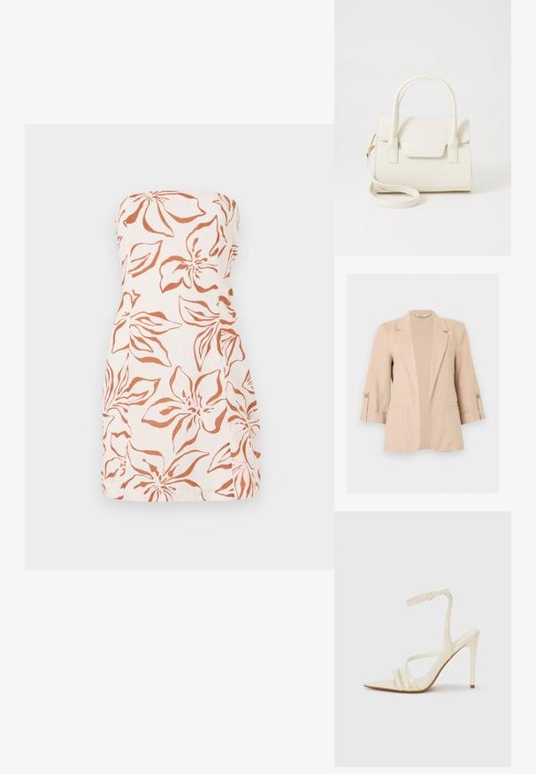 Blazer beige pour femme avec manches trois-quarts, ouverture devant, revers encastrés, pattes de manches boutonnées et deux poches passepoilées à l'avant.; Robe sans bretelles en tissu léger, avec un motif floral orange sur fond crème. Coupe droite avec un ourlet simple.; Sandales à talons hauts beiges avec un bout pointu, comportant trois brides à l'avant et une fine bride à la cheville avec une boucle. Texture lisse, design minimaliste.; Petit sac à main blanc avec doubles poignées, rabat avant et bandoulière amovible avec boucle dorée sur fond blanc uni.