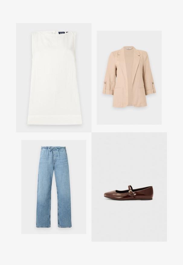 Blazer beige pour femme avec manches trois-quarts, ouverture devant, revers encastrés, pattes de manches boutonnées et deux poches passepoilées à l'avant.; Haut blanc sans manches à col rond avec une petite étiquette GAP visible au niveau de l'encolure arrière, posé à plat sur un fond clair.; Jean en denim bleu clair avec jambes larges, taille élastique et lien à cordon, présenté à plat sur fond blanc.; Ballerine en cuir verni marron avec un bout carré et une lanière ornée d'une petite boucle dorée. Texture lisse, talon bas et design minimaliste.