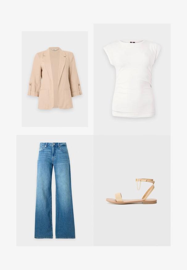Beige dameblazer med trekvartærmer, åben front, notch-lapel, knaplommer på ærmerne og to forlommer med kant.; Hvid tætsiddende T-shirt med korte ærmer og rund hals på ensfarvet baggrund med let rynkedetalje i siden.; Blå jeans med høj talje og vidde ben, med knapper og lynlås foran samt lommer foran og bagpå.; Beige flad sandal med en enkelt bred rem, ankelrem med spænde og dekorativ kæde detalje. Glat læderlignende tekstur og flad sål.
