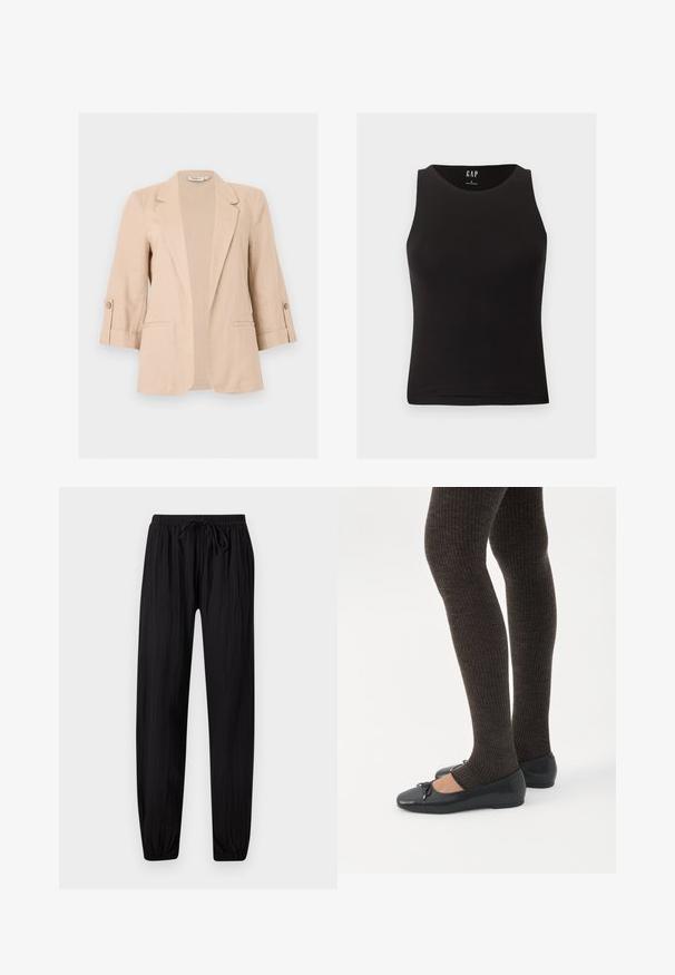 Blazer beige pour femme avec manches trois-quarts, ouverture devant, revers encastrés, pattes de manches boutonnées et deux poches passepoilées à l'avant.; Débardeur noir cintré sans manches avec un col rond, taille petite, présenté sur un fond clair.; Pantalon noir léger coupe ample avec taille ajustable par cordon et poignets élastiques, conçu pour un usage décontracté.; Jambes portant des leggings côtelés foncés associés à des ballerines noires avec de petits détails en nœud sur fond blanc.