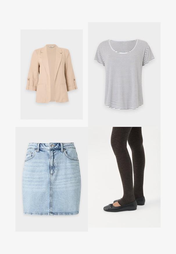 Beige dameblazer med trekvartærmer, åben front, notch-lapel, knaplommer på ærmerne og to forlommer med kant.; Hvid t-shirt med korte ærmer, tynde sorte horisontale striber og rund halsudskæring, vist mod en ensfarvet hvid baggrund.; Lyseblå denim mininederdel med frontknap, bæltestropper, to forlommer og synlig lodret søm ned langs midten.; Ben iført mørke ribbede leggings kombineret med sorte balletsko med små sløjfedetaljer på hvid baggrund.