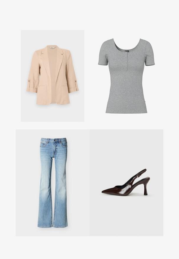 Blazer beige pour femme avec manches trois-quarts, ouverture devant, revers encastrés, pattes de manches boutonnées et deux poches passepoilées à l'avant.; Haut gris côtelé à manches courtes avec un col rond en U et quatre petits boutons en ligne au centre devant.; Jean denim bleu clair taille haute avec jambes évasées, poches avant et fermeture à bouton et fermeture éclair, présenté sur un fond blanc.; Talons slingback en cuir verni brun avec un bout pointu, un talon fin, et une sangle réglable avec une petite boucle.